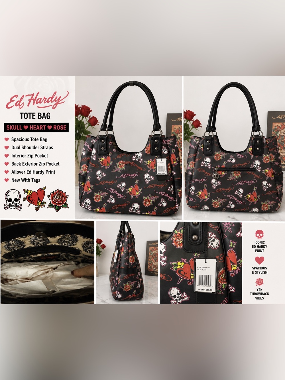 Ed Hardy Skull Heart Rose Tote Bag Y2K Tattoo Print Shoulder Bag NWT